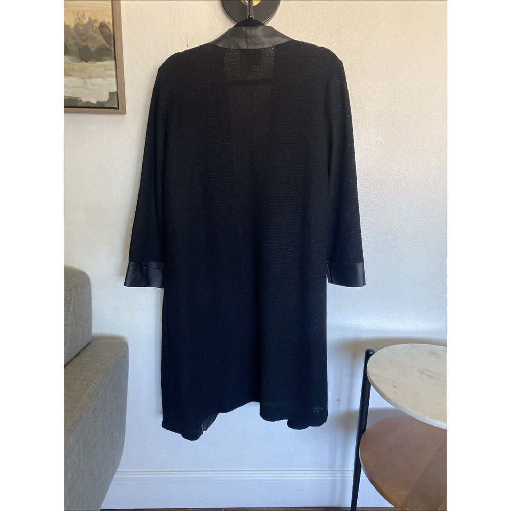 Gorgeous Misook Collection Black Duster Coat Fishnet Knit Leather Trim Sz L - Picture 7 of 7